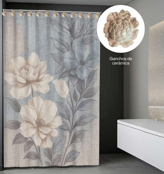 Cortina de baño con ganchos de cerámica