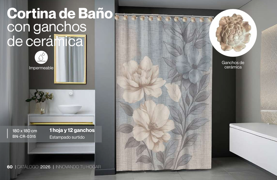 Cortina de baño con ganchos de cerámica